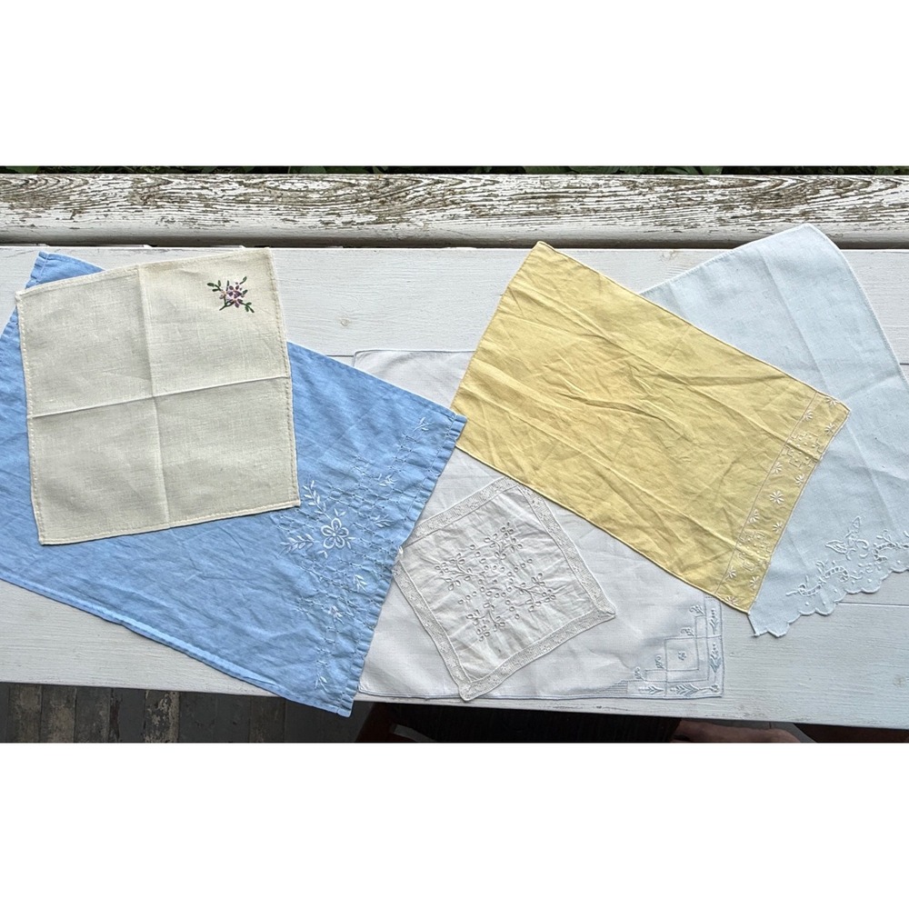 Vintage Embroidered Linen Lot 6 Cutwork Floral Table Linens Hankies